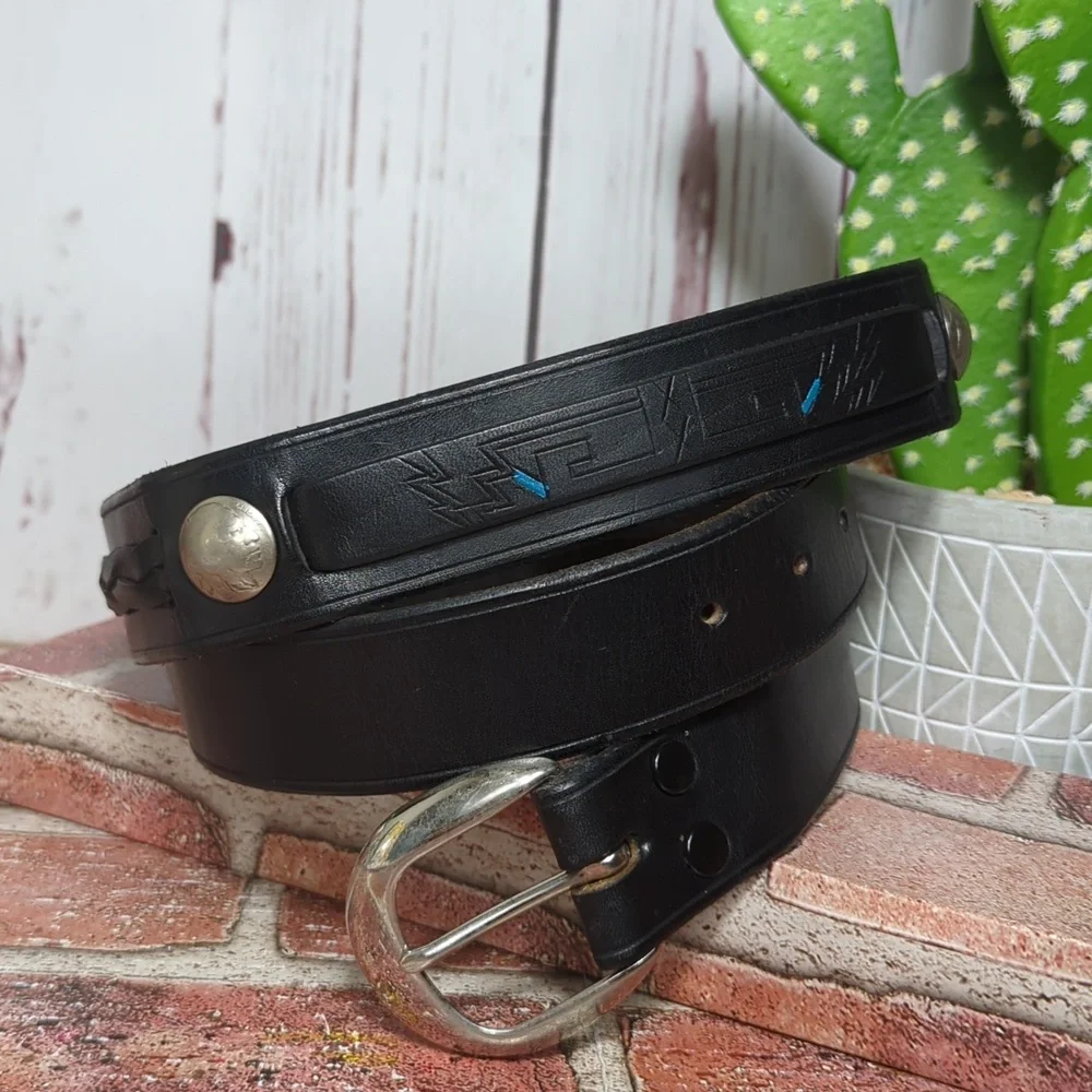 Vintage Full‎ Grain Black Leather Belt with Buffalo Nickel Conchos Southwest 46